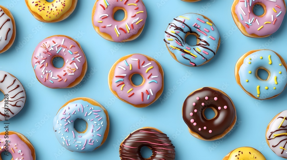 Fototapeta premium Colorful doughnuts on a blue background, top view, flat lay. Pattern of different shades and shapes with icing, sprinkles, and chocolate drizzle
