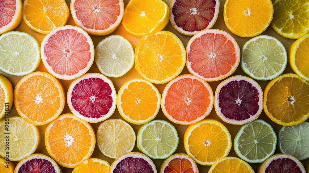 Bright and colorful sliced citrus fruits arranged in a pattern, showcasing their juicy, vibrant colors. Bright and colorful sliced citrus fruits arranged in a pattern, showcasing their juicy, vibrant colors.