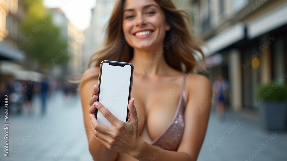 Girl shows big empty smartphone to camera, stands on central city square, shows place for mobile offer, mockup Girl shows big empty smartphone to camera, stands on central city square, shows place for mobile offer, mockup