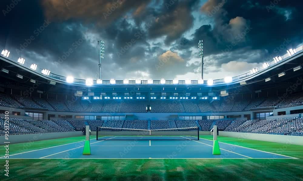 Illuminated tennis stadium with a green grass court and dark, dramatic clouds in the sky. Night sports event, competition setting, anticipation, vibrant atmosphere. Generative AI Illuminated tennis stadium with a green grass court and dark, dramatic clouds in the sky. Night sports event, competition setting, anticipation, vibrant atmosphere. Generative AI