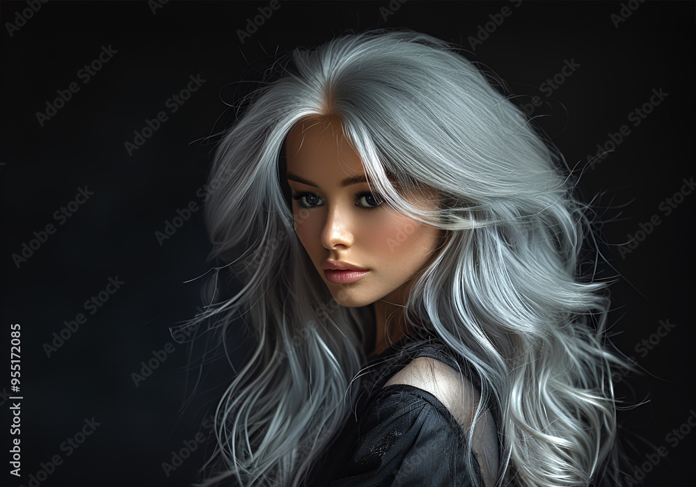 a girl with gray hair on a black background. a girl with gray hair on a black background.