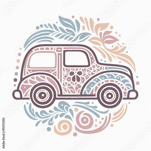 a stylized illustration of a car adorned with intricate patterns and floral designs.