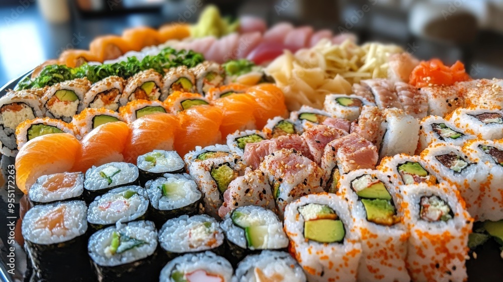 A platter of fresh and flavorful sushi rolls, including California rolls, spicy tuna rolls, and crunchy tempura rolls, served with soy sauce and wasabi. A platter of fresh and flavorful sushi rolls, including California rolls, spicy tuna rolls, and crunchy tempura rolls, served with soy sauce and wasabi.
