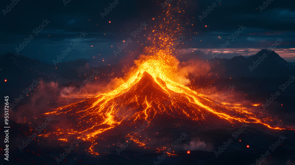 Exploding volcano at night created with generative ai technology. Volcano. Illustration Exploding volcano at night created with generative ai technology. Volcano. Illustration
