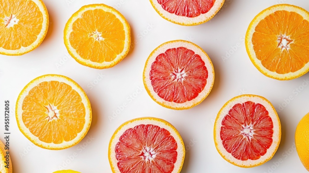 Fresh, juicy oranges and grapefruits sliced in half, showcasing their bright, colorful interiors against a white backdrop. Fresh, juicy oranges and grapefruits sliced in half, showcasing their bright, colorful interiors against a white backdrop.