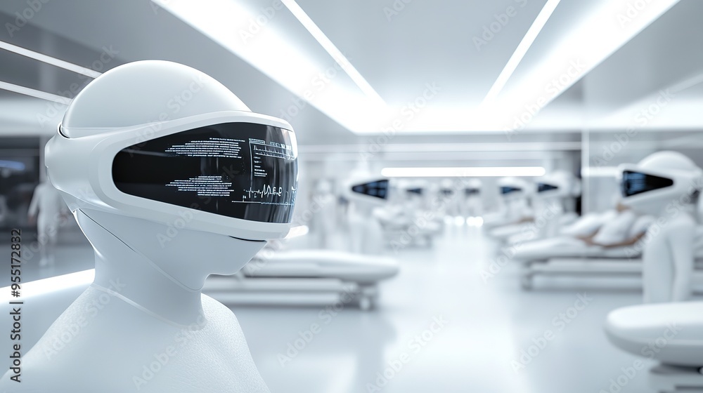 a futuristic hospital ward with patients wearing sleek, white augmented reality glasses and sensors. the glasses and sensors are seamlessly integrated into their attire, displaying real-time health da a futuristic hospital ward with patients wearing sleek, white augmented reality glasses and sensors. the glasses and sensors are seamlessly integrated into their attire, displaying real-time health da