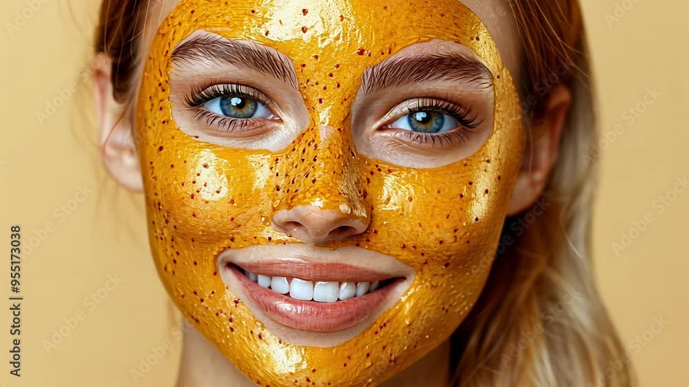 A young woman applies a vibrant turmeric mask designed to enhance skin brightness and radiance. She smiles, showcasing the mask's effects as she enjoys her skincare routine. A young woman applies a vibrant turmeric mask designed to enhance skin brightness and radiance. She smiles, showcasing the mask's effects as she enjoys her skincare routine.