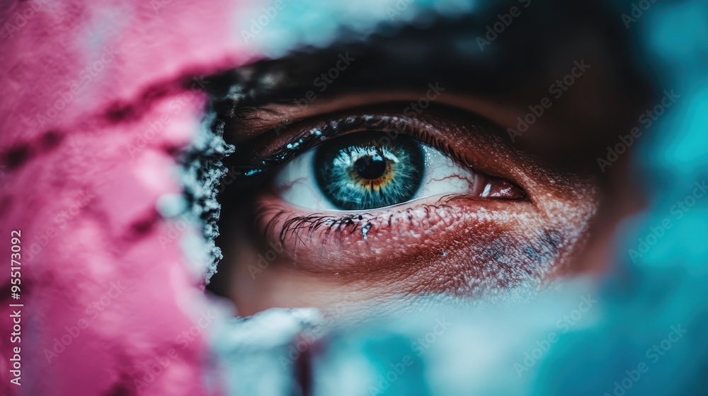 A detailed image of a blue eye looking through a hole in a colorful painted surface, showcasing vibrant colors and a sense of mystery and curiosity. A detailed image of a blue eye looking through a hole in a colorful painted surface, showcasing vibrant colors and a sense of mystery and curiosity.