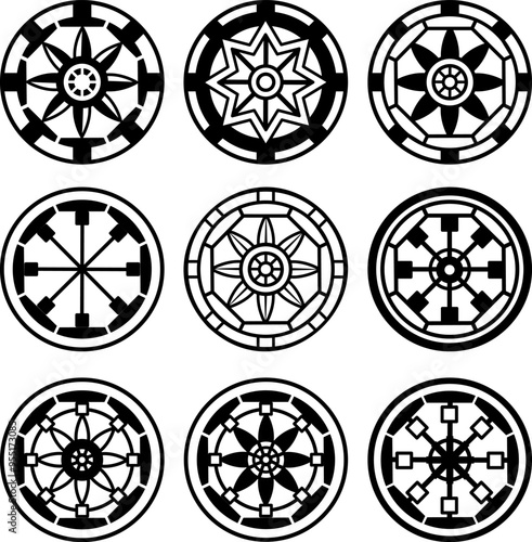 A set of logos with the image of a wheel.