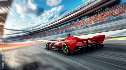 Futuristic Red Racing Car in Motion on the Track. AI generated illustration