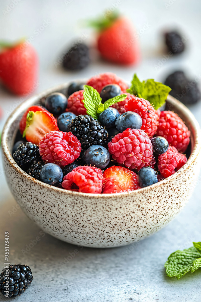 Fresh and colorful berry mix in ceramic bowl, featuring strawberries, raspberries, blueberries, and blackberries, garnished with mint leaves. Fresh and colorful berry mix in ceramic bowl, featuring strawberries, raspberries, blueberries, and blackberries, garnished with mint leaves.