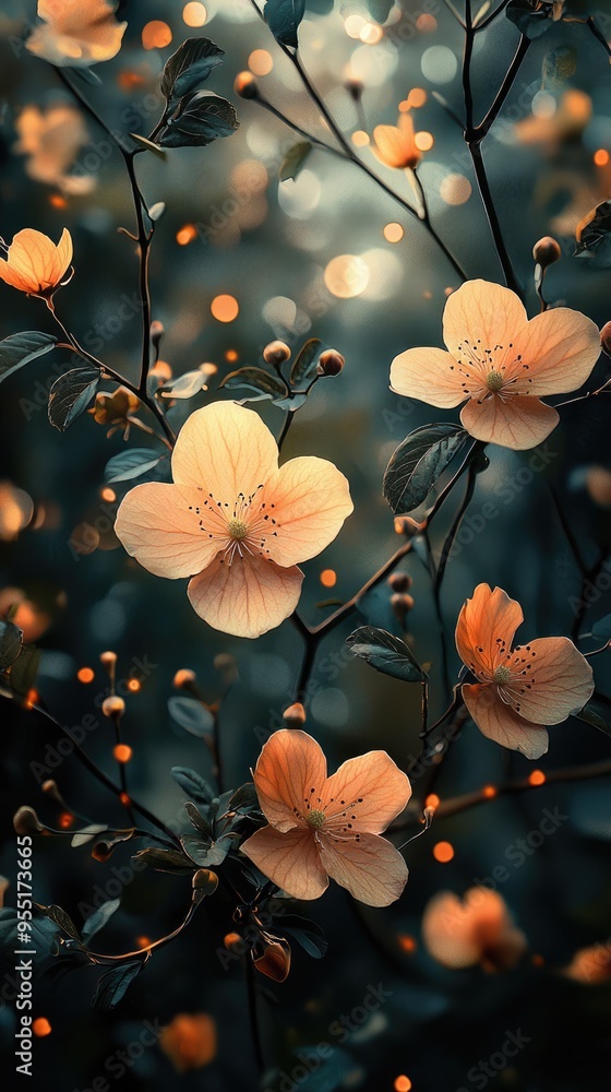 Beautiful orange flowers blooming at night with bokeh lights background Beautiful orange flowers blooming at night with bokeh lights background