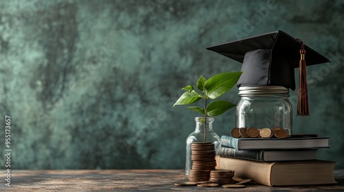 Wallpaper Mural Educational Finance Journey with Graduation Cap and Growing Plant. AI generated illustration Torontodigital.ca