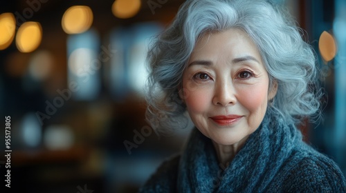 A woman with gray hair and a blue scarf is smiling