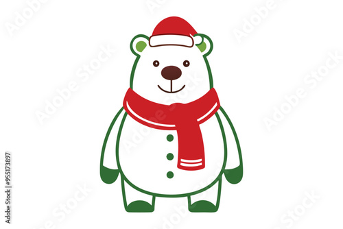 line art Christmas with bear with Santa Claus and scarf vector illustration in white background