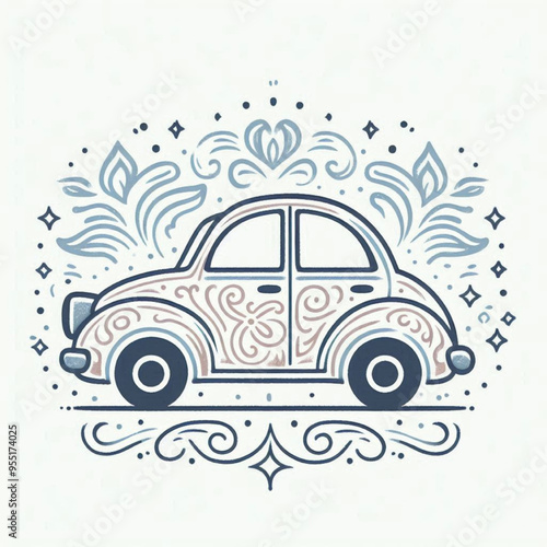 a stylized illustration of a car adorned with intricate patterns and floral designs.