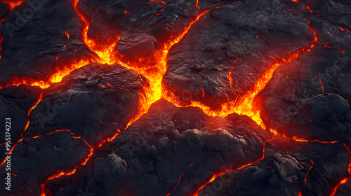 Lava molten texture, top view, volcano magma glow texture in cracking holes realistic. Volcano. Illustration