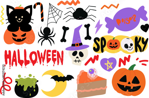 Halloween illustrations of head skull, black cat, pumpkin, spider, bat, witch hat, cake, poisonous soup for spooky decoration, cartoon character, costume, sticker, event, activity, standee, card print