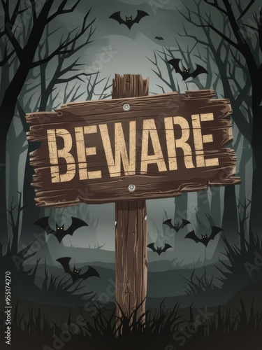 Spooky Halloween Beware Sign in Forest