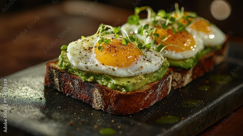 Gourmet Avocado Toast with Poached Eggs and Microgreens on Artisanal Bread in Warm Lighting for Food Photography Gourmet Avocado Toast with Poached Eggs and Microgreens on Artisanal Bread in Warm Lighting for Food Photography