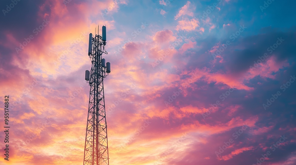 Telecommunications Tower Against Sunset Sky with Antenna. AI generated illustration Telecommunications Tower Against Sunset Sky with Antenna. AI generated illustration
