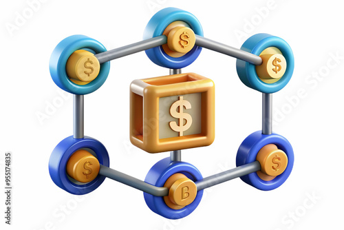 3D Blockchain and Dollar Path Frame Concept: Modern Financial Design with Secure Transactions Symbolized by Blockchain Nodes and Dollar Paths on White Background