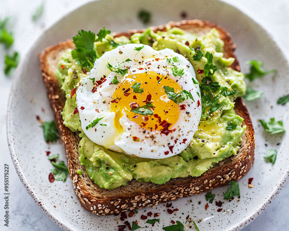 Creamy avocado toast topped with perfectly poached egg, garnished with fresh herbs and spices, creating delicious and nutritious meal. Creamy avocado toast topped with perfectly poached egg, garnished with fresh herbs and spices, creating delicious and nutritious meal.