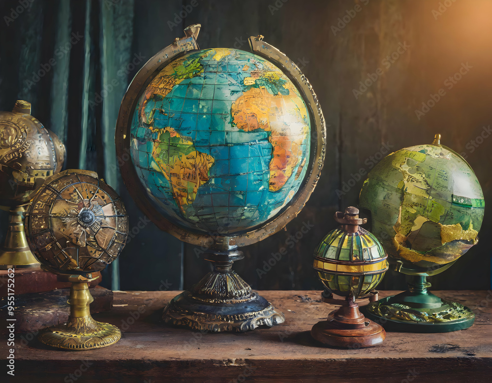 a collection of antique globe models, focusing on the variety of colors and designs that represent Earth's diversity. The globes should be displayed on a rustic table, with soft, warm lighting emphasi a collection of antique globe models, focusing on the variety of colors and designs that represent Earth's diversity. The globes should be displayed on a rustic table, with soft, warm lighting emphasi