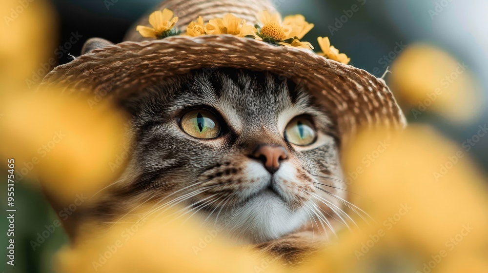 A cat wearing a straw hat adorned with yellow flowers is captured in an outdoor setting, surrounded by vibrant yellow flowers, creating a cheerful and charming scene. A cat wearing a straw hat adorned with yellow flowers is captured in an outdoor setting, surrounded by vibrant yellow flowers, creating a cheerful and charming scene.