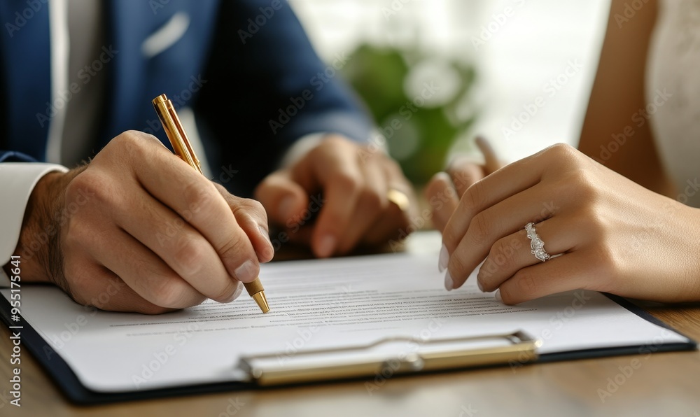 There are divorce papers and a ring on the desk of a couple. There are divorce papers and a ring on the desk of a couple.