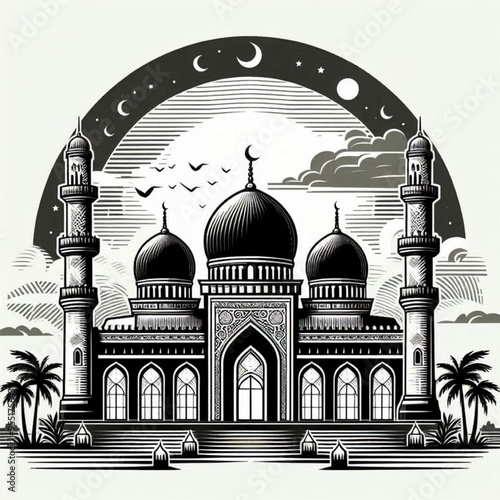 black and white illustration of a mosque with prominent domes and minarets, in a hand-drawn style