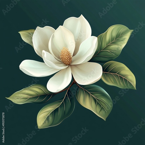 White Magnolia Flower with Green Leaves on Dark Green Background