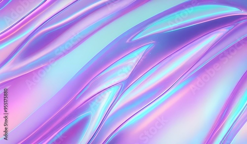 Iridescent chrome wavy gradient cloth fabric abstract background, ultraviolet holographic foil texture, liquid surface, ripples, metallic reflection. 3d render illustration. 