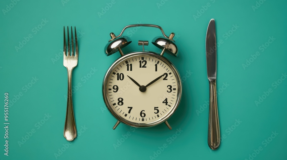 Dieting concept with alarm clock, knife and fork on isolated green background, top view angle Dieting concept with alarm clock, knife and fork on isolated green background, top view angle