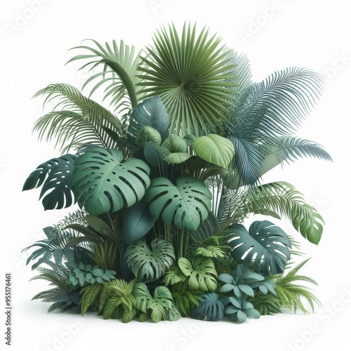 Lush green tropical plants bush (monstera, palm, rubber plant, pine and fern), cut out, прозрачный фон
 photo