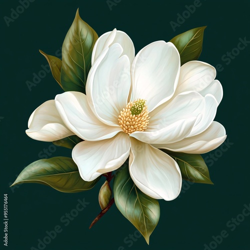 White Magnolia Flower with Green Leaves on Dark Green Background
