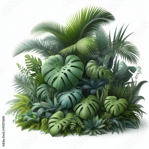 Lush green tropical plants bush (monstera, palm, rubber plant, pine and fern), cut out, прозрачный фон 