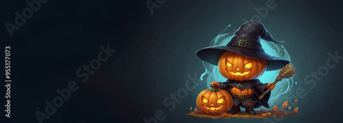 A character with a pumpkin head dressed in a cloak and a witch's hat on a dark background. Halloween Greeting Card photo