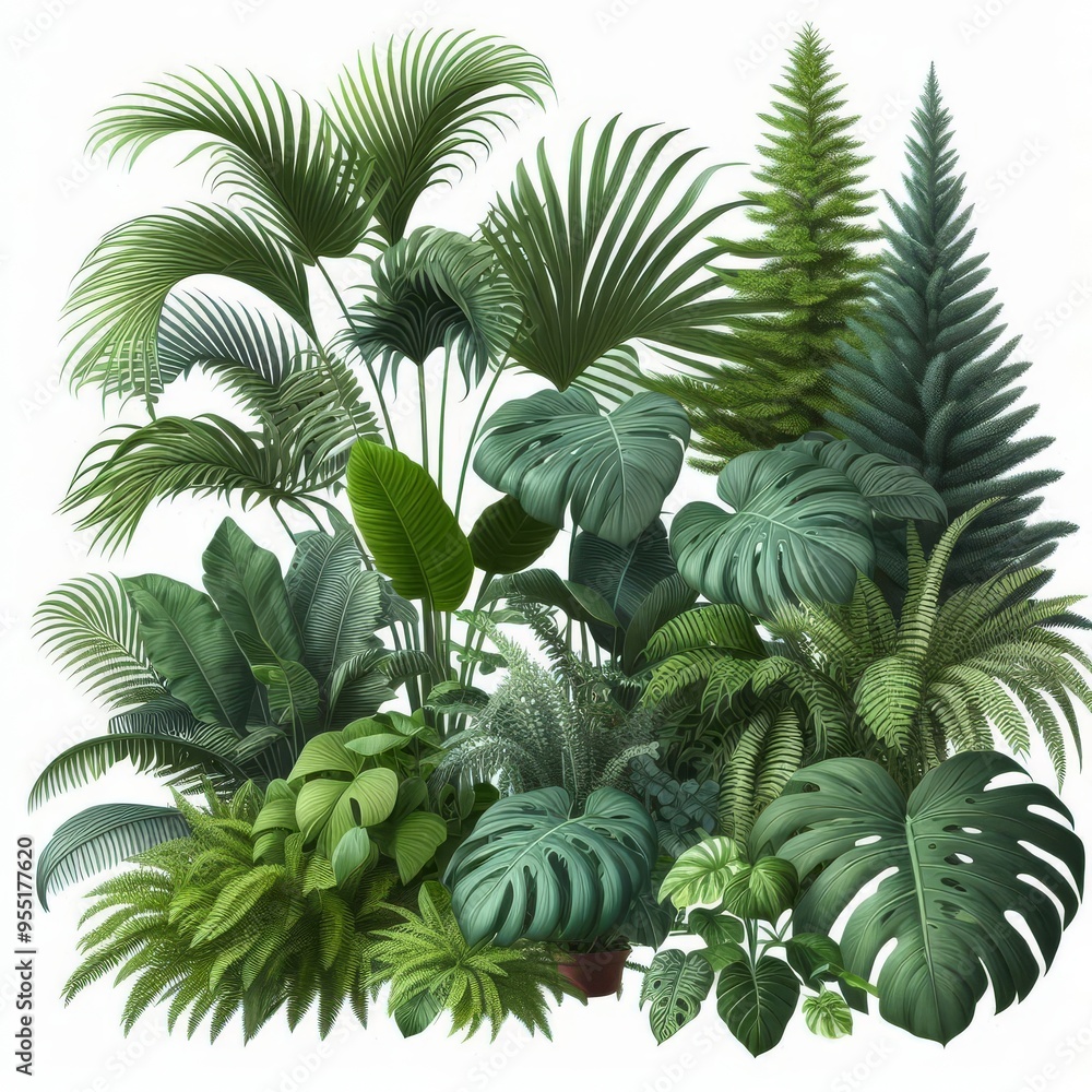 Lush green tropical plants bush (monstera, palm, rubber plant, pine and fern), cut out, прозрачный фон
Lush green tropical plants bush (monstera, palm, rubber plant, pine and fern), cut out, прозрачный фон