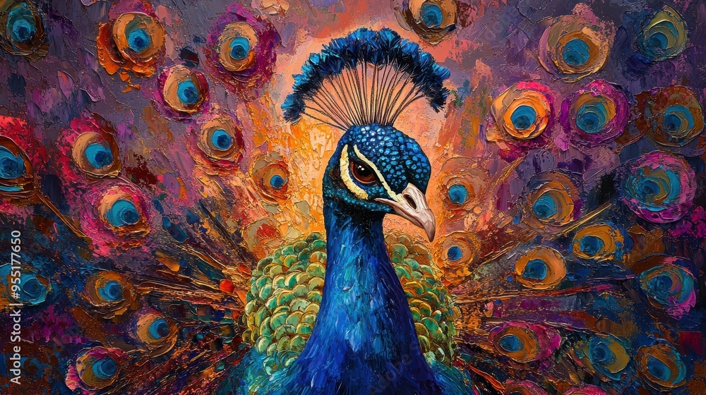 Obraz premium Vibrant portrait of a vibrant-hued peacock, its shimmering, iridescent feathers captivating the viewer's gaze
