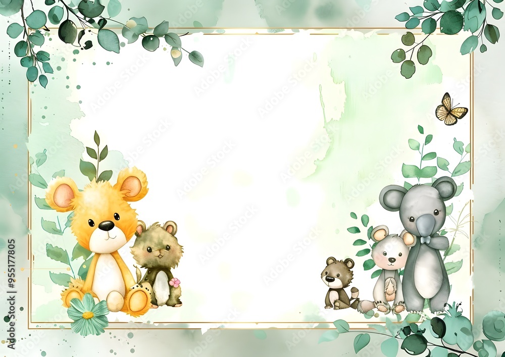 Fototapeta premium Watercolor animal illustration with green leaves and a blank space for text. Template for quotes, and greetings cards