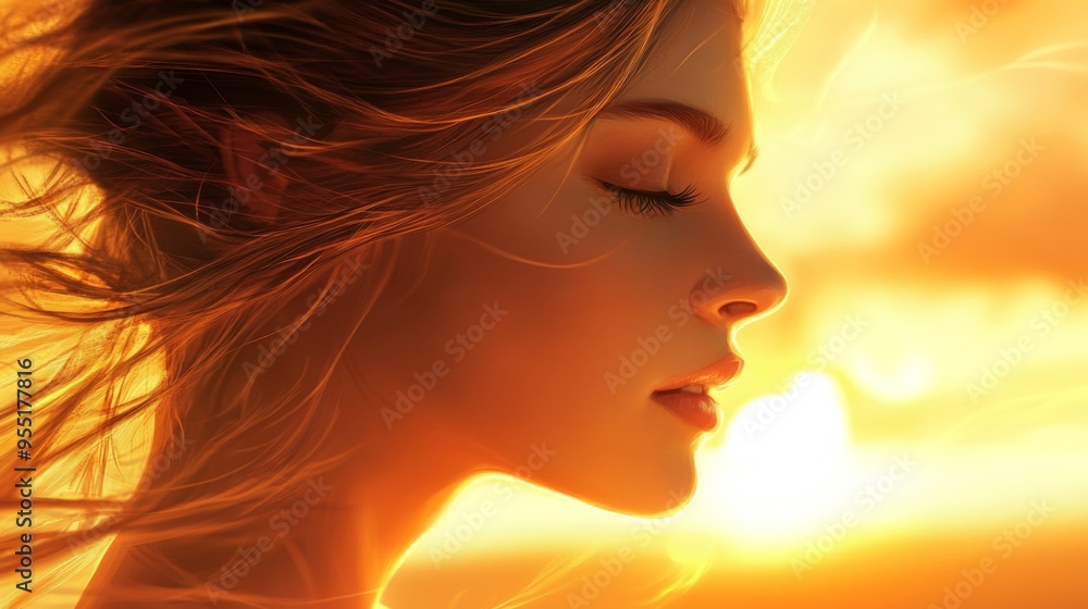 A portrait of a woman with elegant features and a soft, peaceful expression, with her hair gently flowing in the breeze, set against a sunset background. A portrait of a woman with elegant features and a soft, peaceful expression, with her hair gently flowing in the breeze, set against a sunset background.