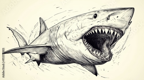 Detailed drawing of a sharkâ€™s open mouth with visible teeth and motion lines photo