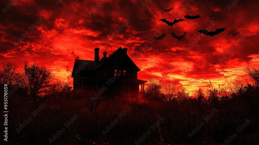 Haunted house silhouetted against an ominous, blood-red sky, bats and crows circling overhead