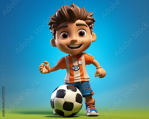 Cartoon Boy Soccer Player with a Soccer Ball