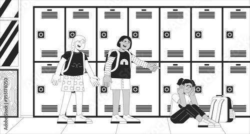 Laughing girls bullying scared classmate black and white line illustration. Evil bullies abusing schoolmate 2D characters monochrome background. Violence in school awareness outline vector image