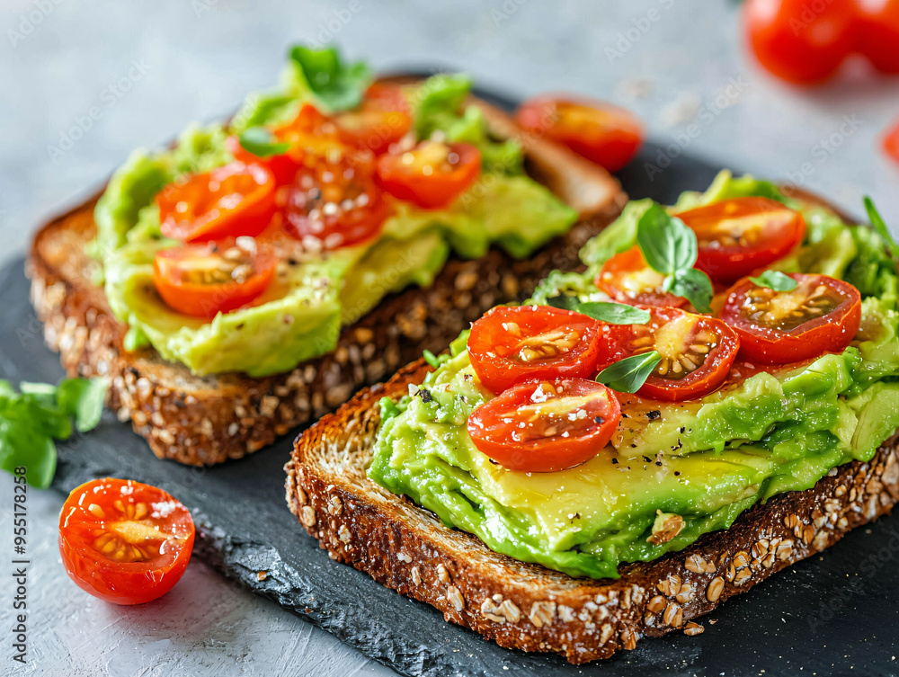 Smashed avocado on whole grain toast topped with cherry tomatoes creates vibrant and healthy dish.