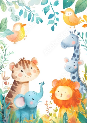 Cute watercolor animal illustrations with a blank space for text. Template for quotes, and greetings cards