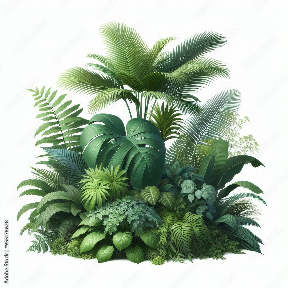 Obraz premium Lush green tropical plants bush (monstera, palm, rubber plant, pine and fern), cut out, прозрачный фон