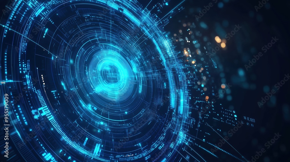 Abstract futuristic technology background with blue digital circular waves and hologram elements, representing data transfer, advanced security systems, and global network concepts. This design captur Abstract futuristic technology background with blue digital circular waves and hologram elements, representing data transfer, advanced security systems, and global network concepts. This design captur